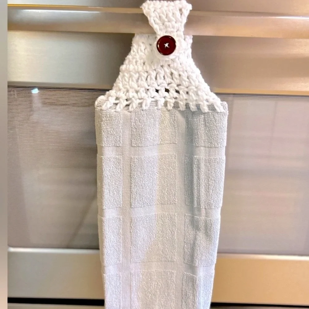 Hand Crafted Gray and White Hanging Kitchen Hand Towels Crochet Top